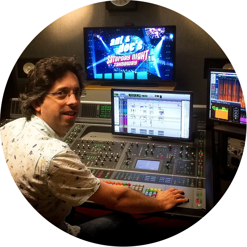 Dubbing mixer Sam Wansborough at a mixing desk working on Ant & Dec's Saturday Night Takeaway.